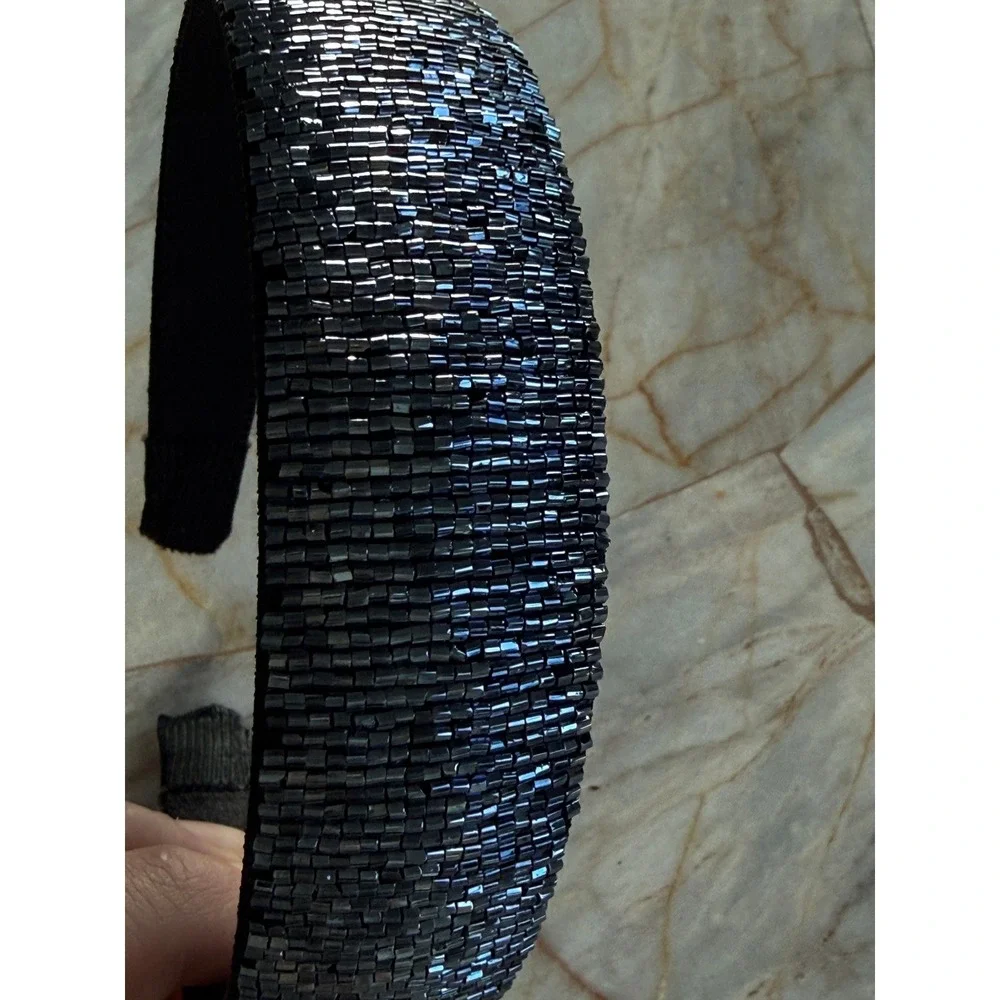 Gunmetal Beaded Headband Metallic Black Bugle Bead Hair Accessory Hand Beaded